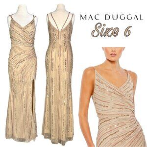 Mac Duggal FLAW Nude Sequined Spaghetti Strap Cowl Back Gown Floor-L Size 6 NEW!